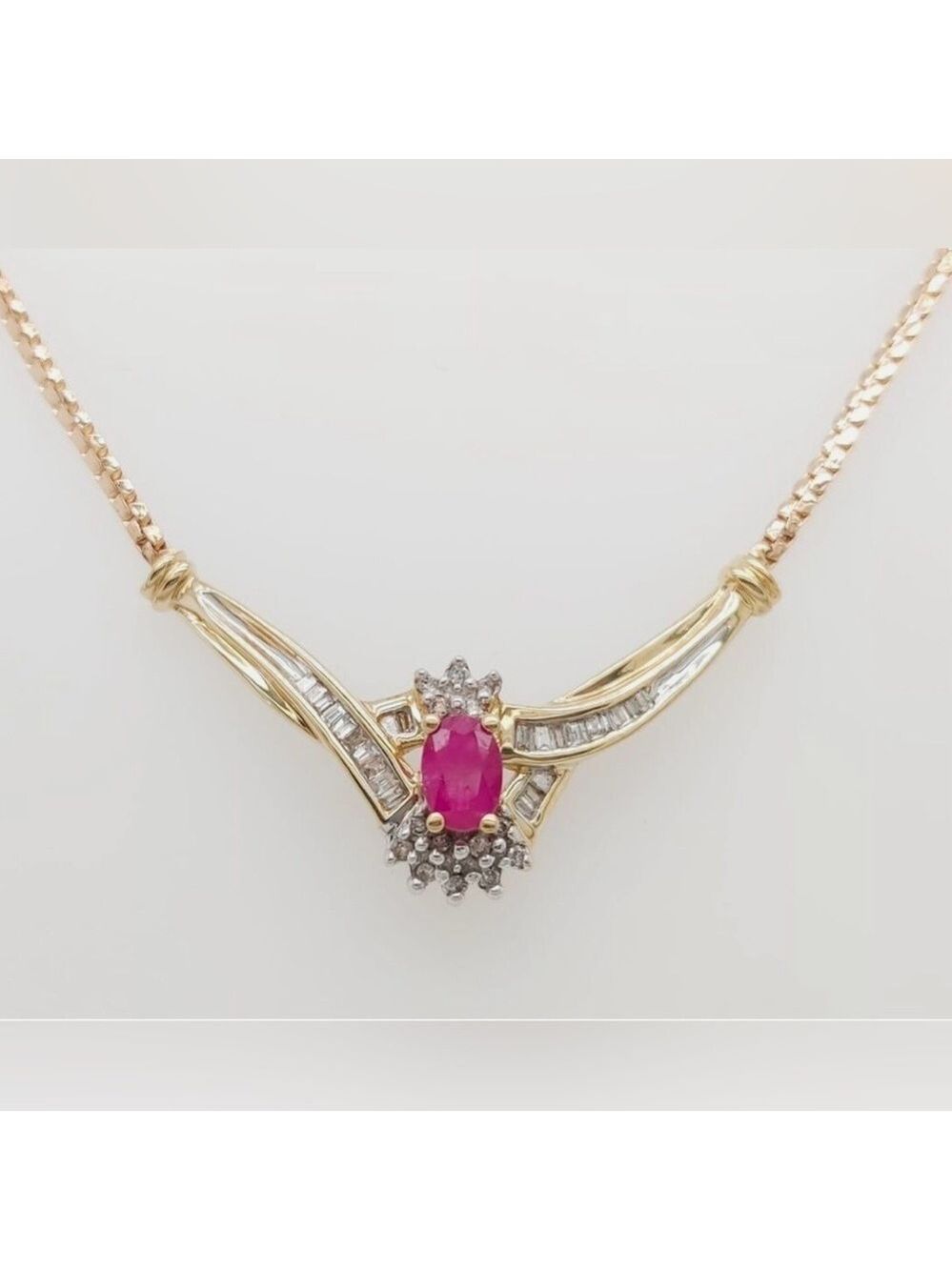 Vintage Italian ADL 10k Gold Ruby & Baguette Diamond Designer Necklace 4.3 grams - Picture 4 of 16